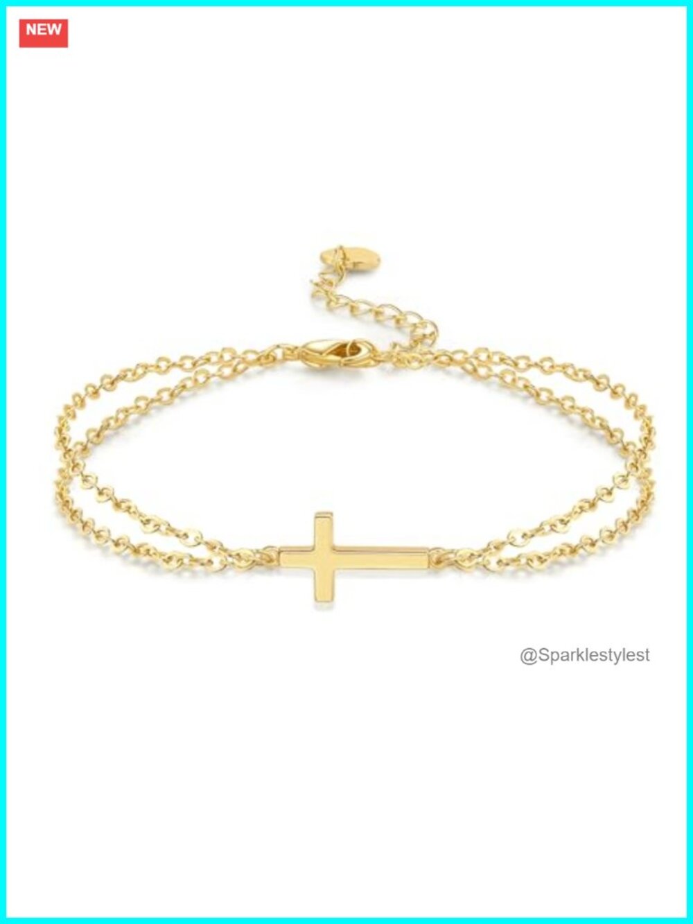 14K Gold Plated Sideways Cross Bracelet Layered Double Chain Adjustable Women